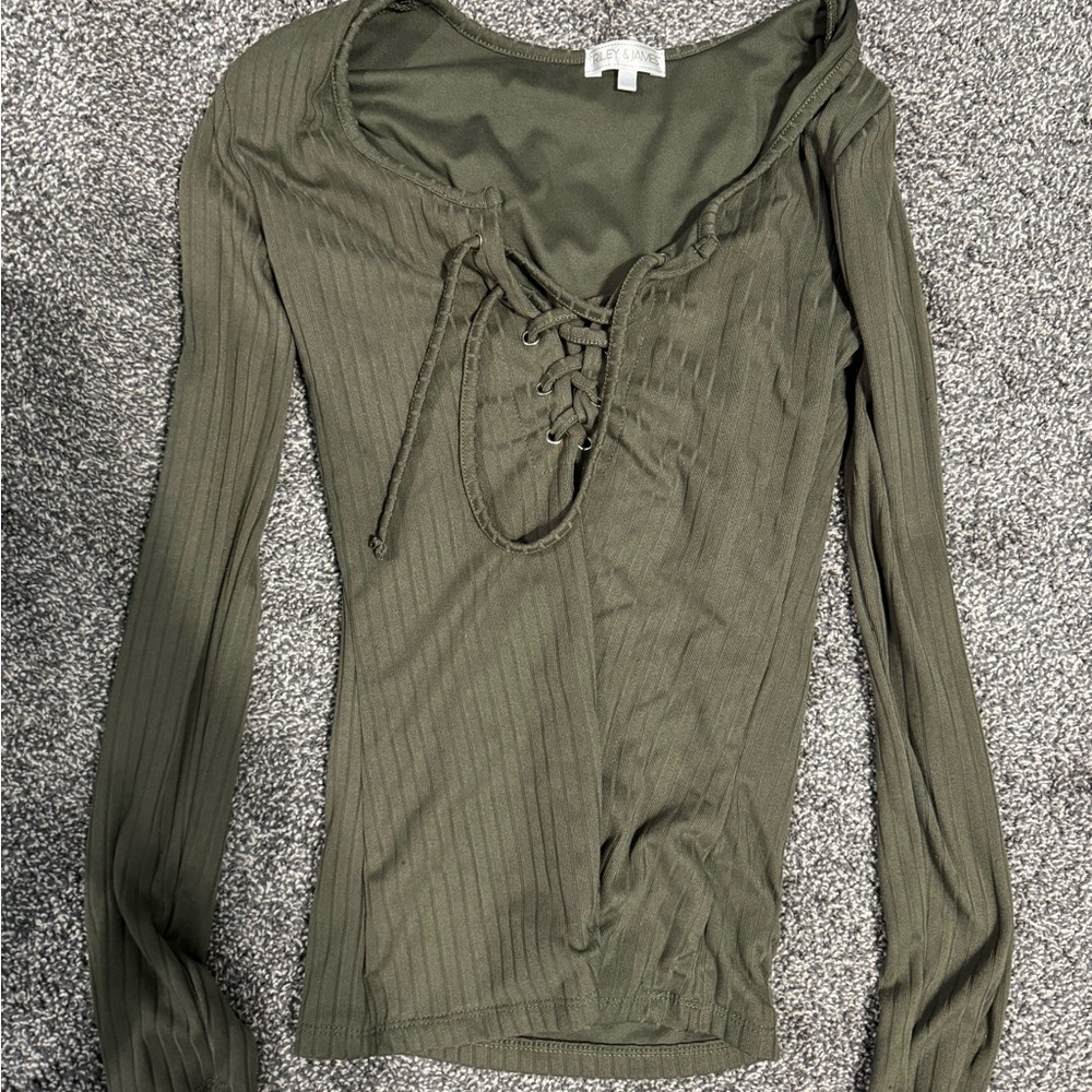 Elegant Olive Lace-Up Long Sleeve Top